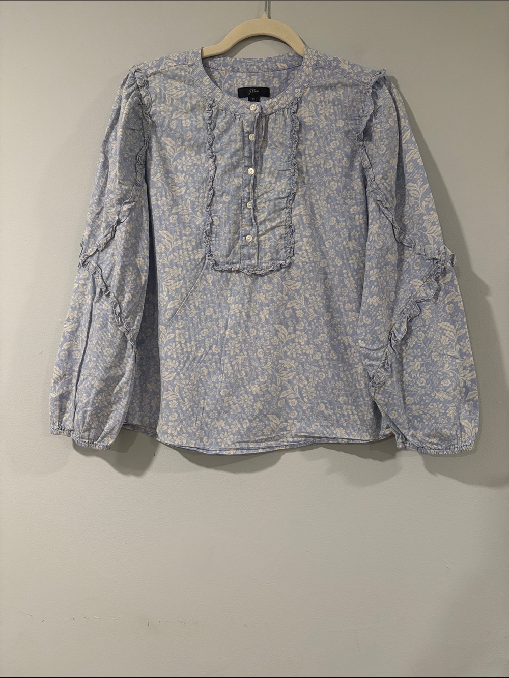 J CREW LIGHT BLUE FLORAL RUFFLE PEASANT COTTON BOHO BLOUSE SIZE /M